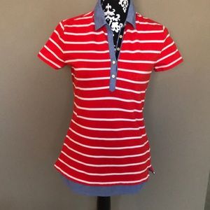 Classic orange and white striped Tommy polo with denim look cotton detail.